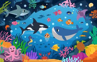 卡通海底洞穴可爱海洋动物背景墙