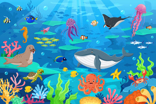 梦幻海洋动物卡通鲸鱼珊瑚背景墙