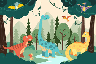 可爱恐龙卡通绿色丛林儿童背景墙