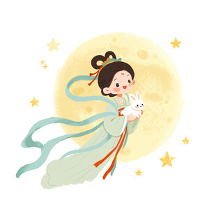 嫦娥奔月卡通可爱肌理绘本风格