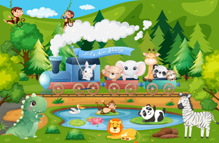 卡通森林可爱动物火车儿童背景墙