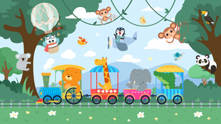 卡通丛林可爱动物火车儿童背景墙