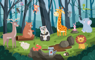可爱动物乐园卡通丛林儿童背景墙
