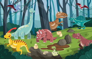 卡通恐龙世界手绘森林儿童背景墙
