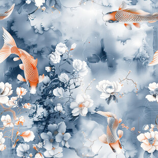 蓝白锦鲤花卉水墨图景