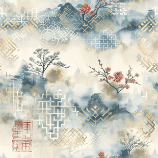 中式水墨风花鸟山水图案