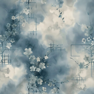 蓝调花卉云雾梦幻背景图
