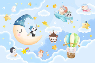 可爱卡通小动物月亮儿童房背景墙
