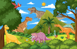 可爱恐龙世界卡通山峰儿童背景墙