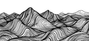黑白线条勾勒的起伏山脉