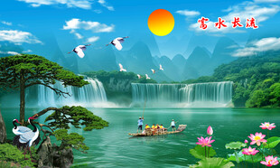 流水生财瀑布山水画