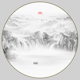 圆形水墨山水画