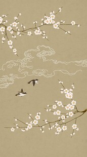 新中式手绘工笔梅花祥云飞鸟图