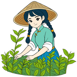 采茶少女于茶园中劳作