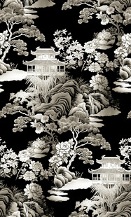 中式黑白花鸟山水图案