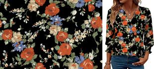 黑色底花卉图案印花面料