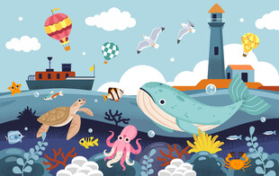 可爱鲸鱼海洋动物卡通灯塔背景墙