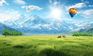 蓝天白云大草原雪山