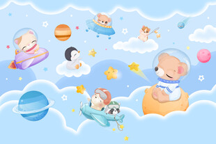可爱动物宇航员卡通太空星球背景