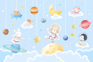 卡通太空星球可爱动物宇航员背景