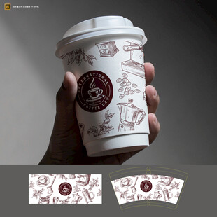 手持咖啡杯及贴纸设计展示