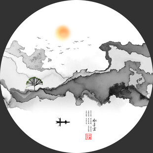 圆形意境山水屏风画