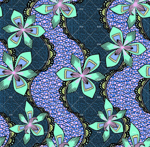 蓝底花卉波浪纹图案