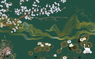 中式山水花卉意境插画