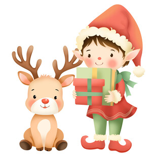 卡通风圣诞节小精灵女孩驯鹿礼盒