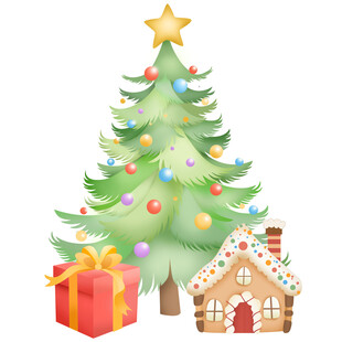 卡通圣诞节圣诞树下的礼盒姜饼屋