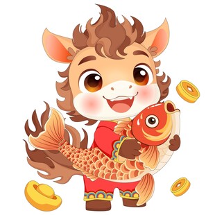 马年春节拿好运锦鲤卡通小马插画