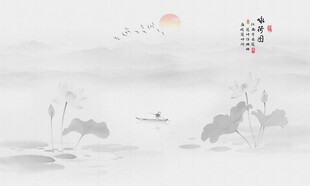 国画水墨荷花山水背景墙