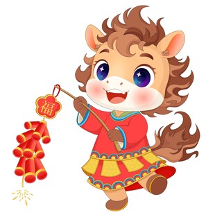 马年春节拿福字鞭炮卡通小马驹