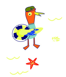 卡通海鸟持球的夏日场景