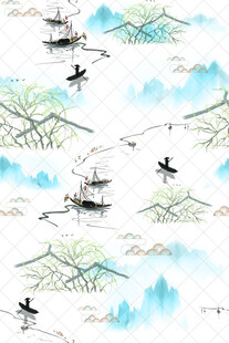 水墨山水间的飞鸟与扁舟