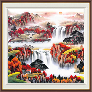 方形招财山水画 