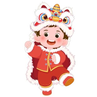春节过年虎头帽舞狮快乐小男孩