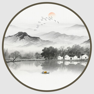 圆形意境山水水墨画图