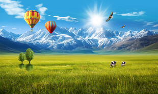 蓝天白云雪山大草原