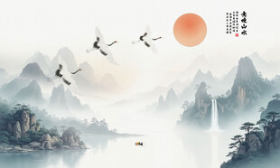 中式意境水墨山水仙鹤图背景