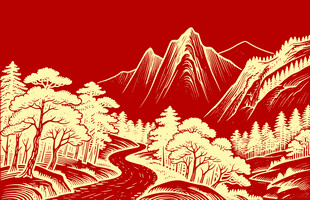 中式红金线条山水画