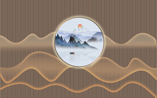 新中式格栅山水画背景幕墙