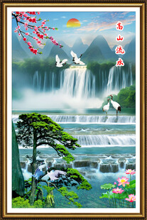 高山流水瀑布玄关山水画
