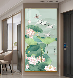 荷塘月色荷花仙鹤玄关装饰画