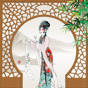 古典美人持扇倚窗而立