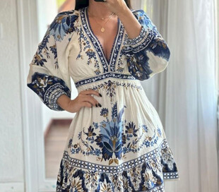 蓝白印花女士时尚连衣裙