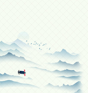 水墨山水间的孤舟飞鸟