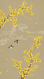 新中式手绘工笔银杏祥云图