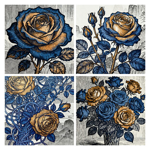 蓝金色调花卉装饰图案