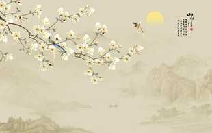 新中式工笔花鸟画背景墙壁画